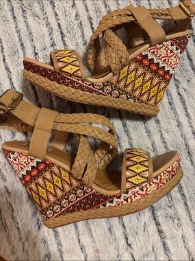 Not Rated Tan Braided Wedge Sandals with Multicolor Embroidery